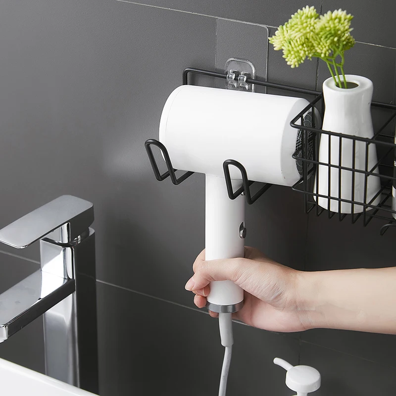 

Wall Mounted Hair Dryer Holder Bathroom Storage Racks Punch-Free Sturdy Adhesive multifunctional Household Storage Accessories