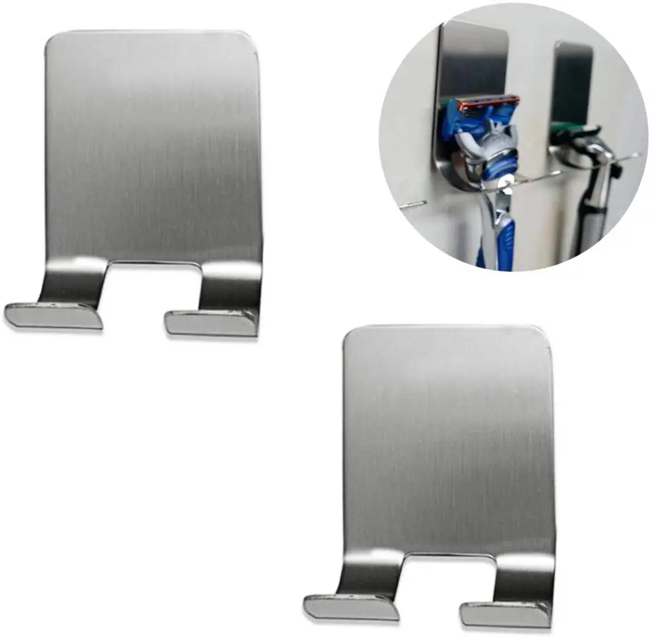 

2 Pcs Self Adhesive Razor Holder Shaver Holder Stainless Steel Sticking Hooks Shower Organizer Wall Hanger for Bathroom Kitchen