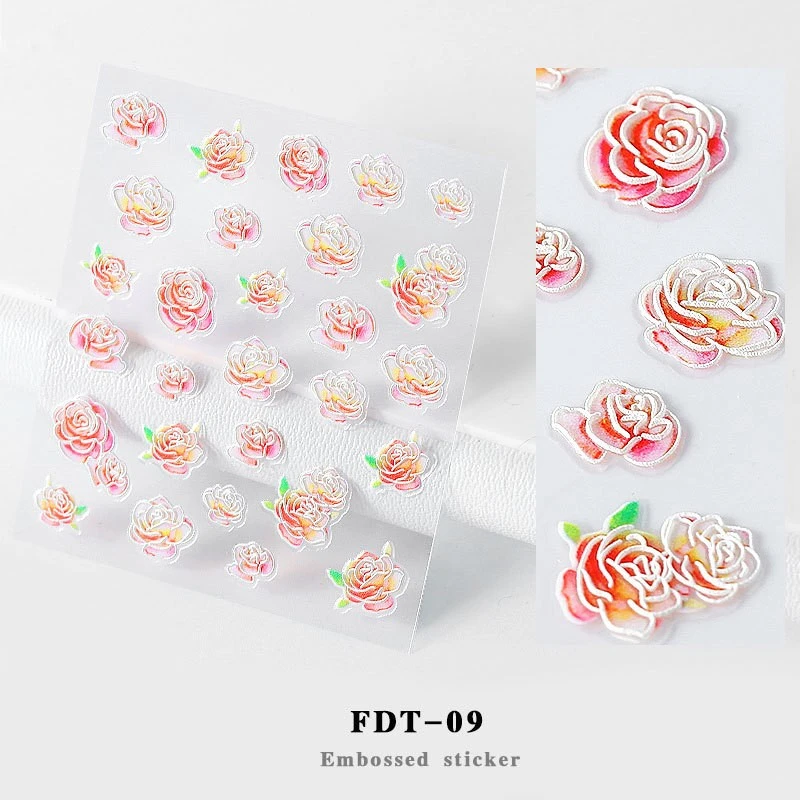 Hot 1PC 5D Acrylic Engraved Flower Nail Sticker Embossed Lace Flower Cute Cat Water Decals Empaistic Nail Water Slide Decals - Цвет: FDT-09