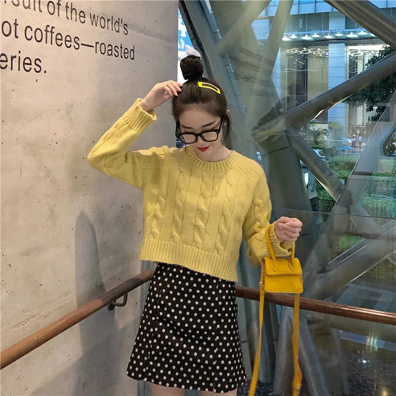 Autumn Winter New Women's Short Pullovers Sweater Twist Knitting Full Sleeve Solid Fashion Vintage Casual Tops T98506D