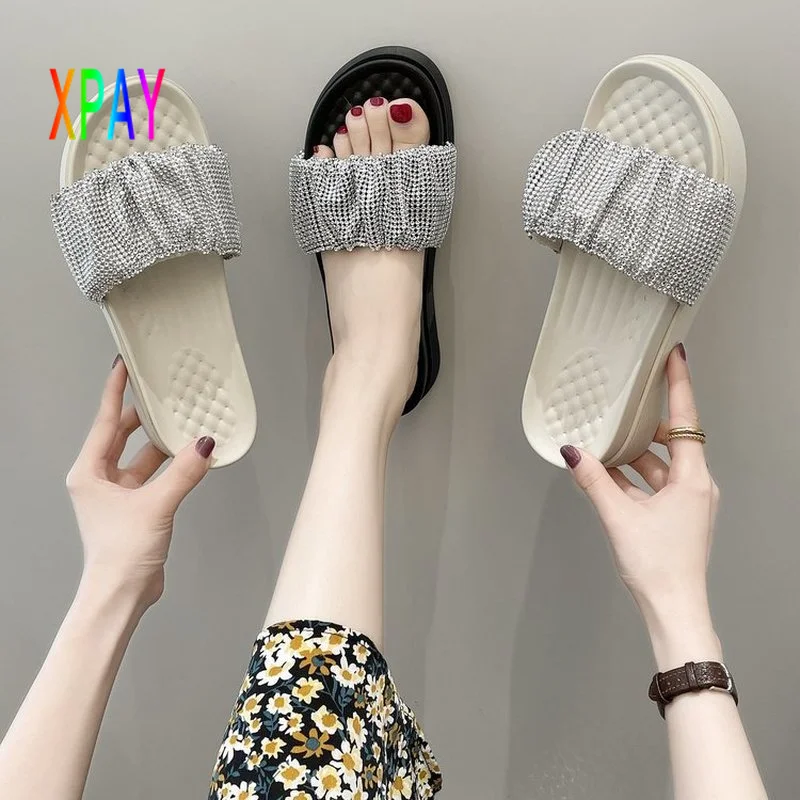 

Ladies Slippers Rhinestone Open Toe Sandals 2021 Summer New Outdoor Fashion Black Beige Beach Sandals Net Red Open Toe Slippers