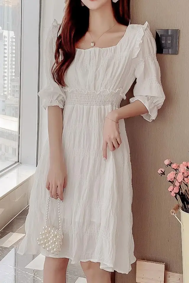 

COIGARSAM Three Quarter Sleeve Women dress New Summer High Waist Dresses White Blue 8022