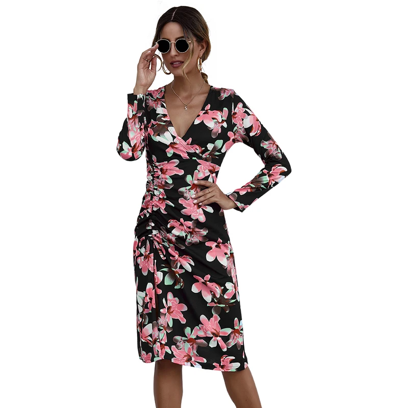 

Summer Women Floral Printed Long Sleeve Dress High Waist Fashion V-neck Elegant Midi Dresses Holiday Party Dress
