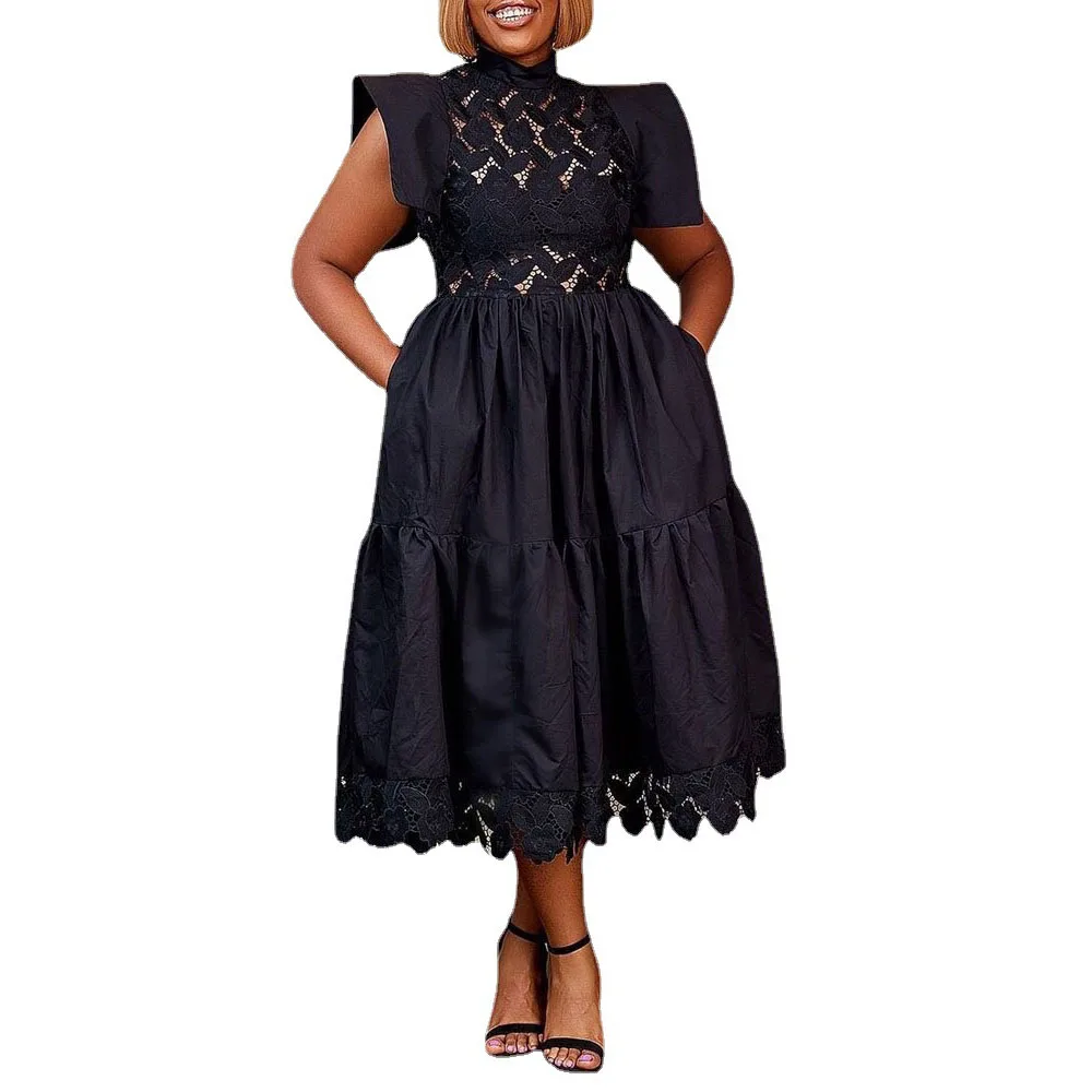 

Dress 2021 Summer New Solid Color Mid-length Women's Dress Temperament Commute Lace Hollow Out Sexy High Waist African