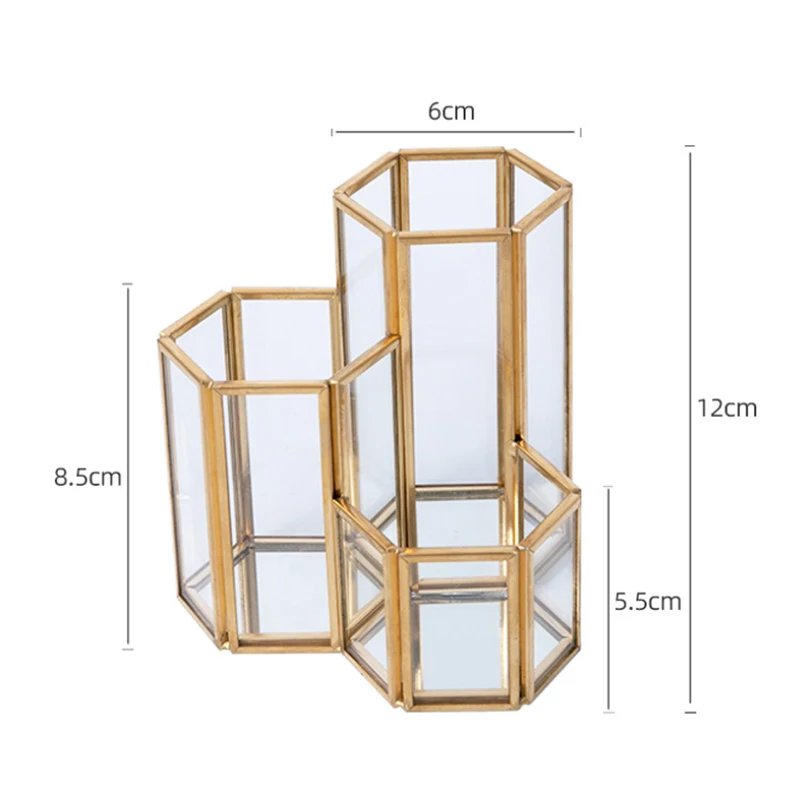 

Gold Glass Vanity Organizer Makeup Brush Holder Organizer 3 Tube Copper Vintage Handmade Pen Cosmetic Accessories Box HK3