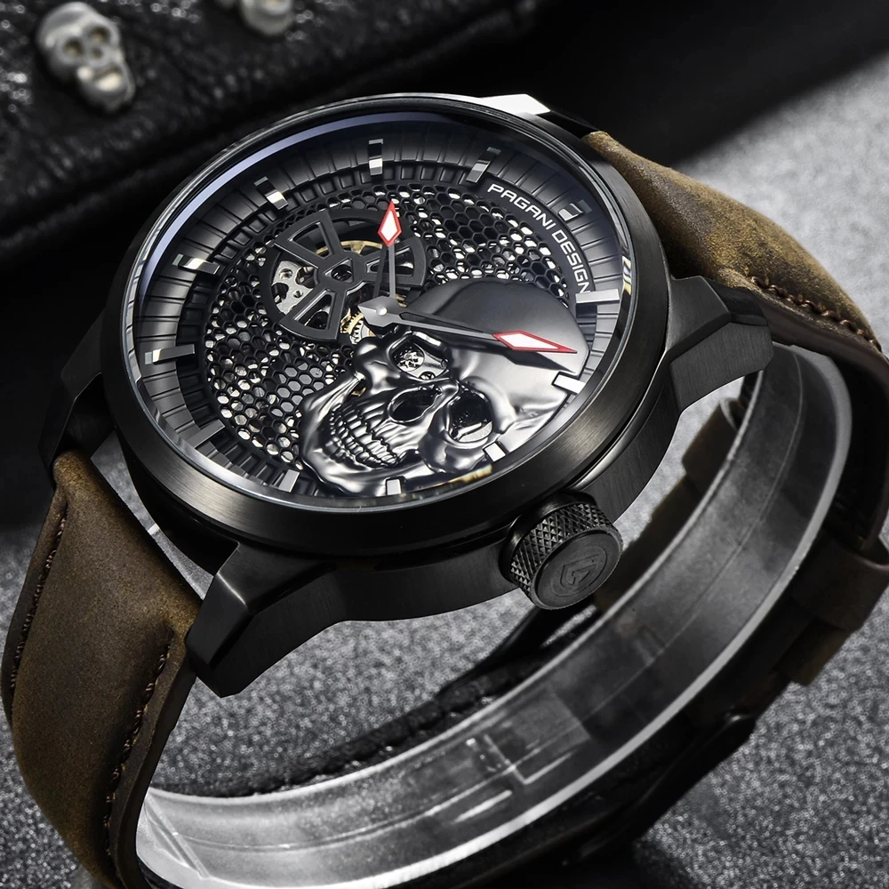 

PAGANI DESIGN 2020 Skull Retro Style Men's Watch Leather Luminous Automatic Mechanical Watch Black Waterproof 100MReloj Hombre