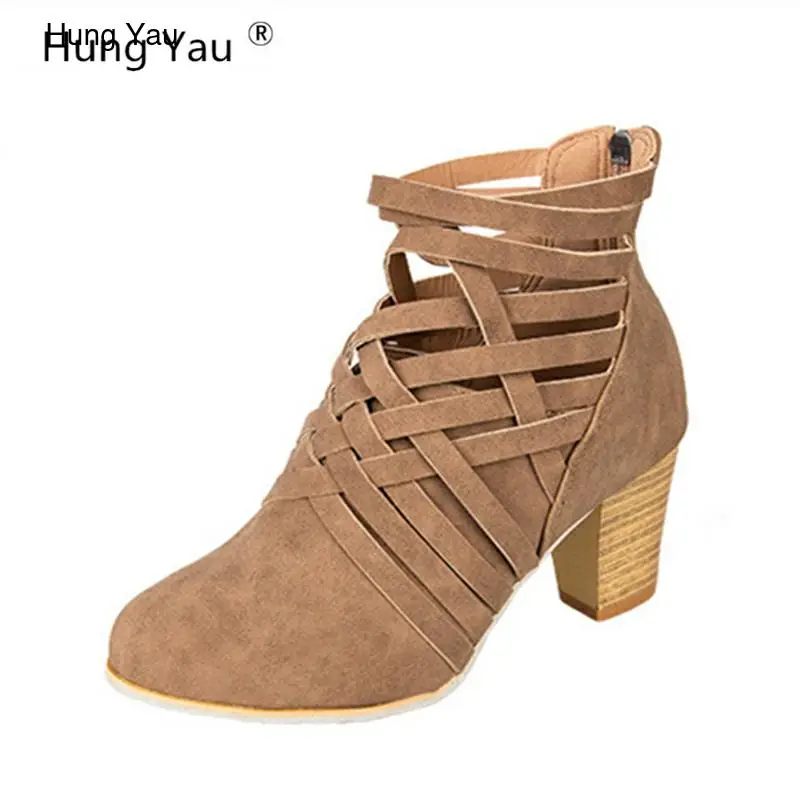 Hung Яу осенние ботинки для женщин Модные женские на толстом каблуке Высокая