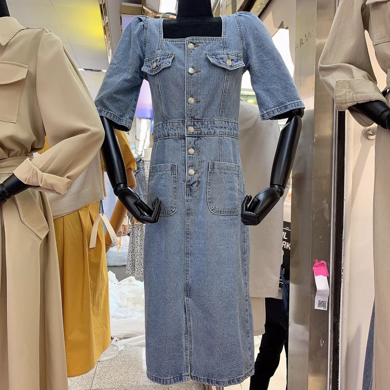 

2021 summer women sweet puff sleeve square collar denim dresses single breasted split vintage midi dress A377