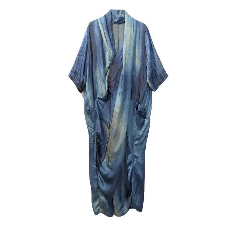 

kywommnz Women Loose Medium Sleeve Long Skirt, Cross Collar Dress, Irregular Blue Print, Pocket, Large,E826
