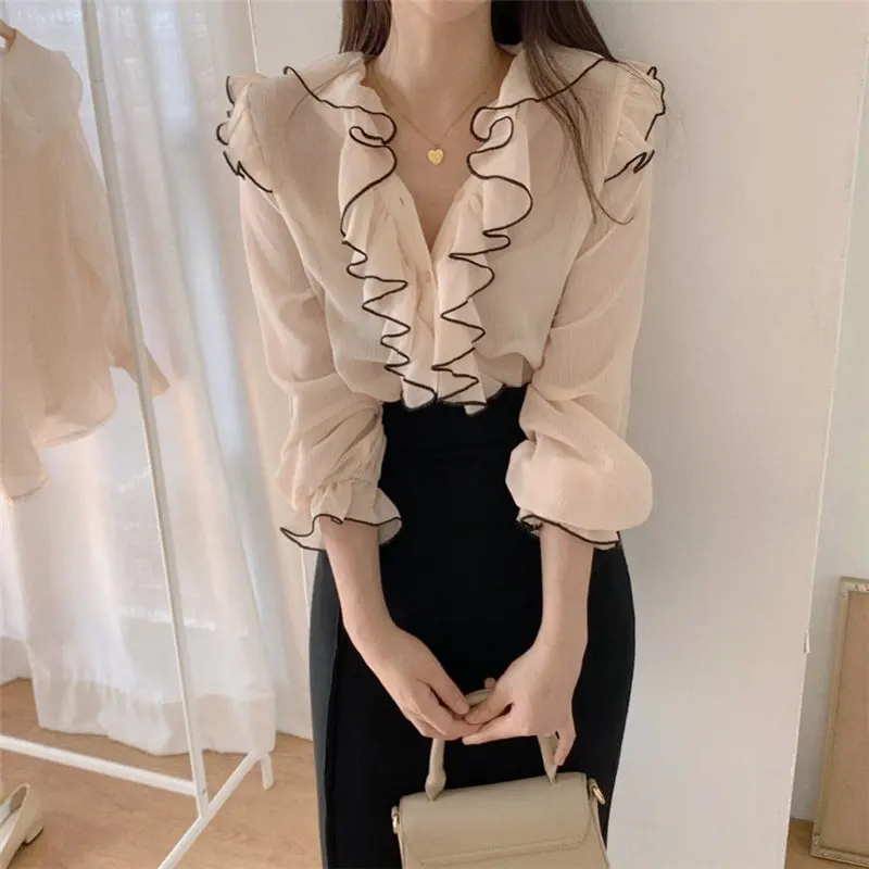 

2021 All Match Office Lady V-Neck Color-Hit Ruffles Basic Shirts Sweet High Quality Autumn Vintage Brief Blouses