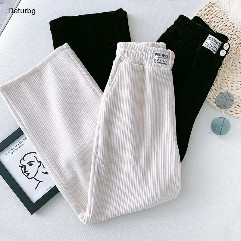 

Women's Brief Corduroy Pants High Quality Female High Waist Striped Pleated Thickened Warm Straight Trousers 2021 Winter PA156