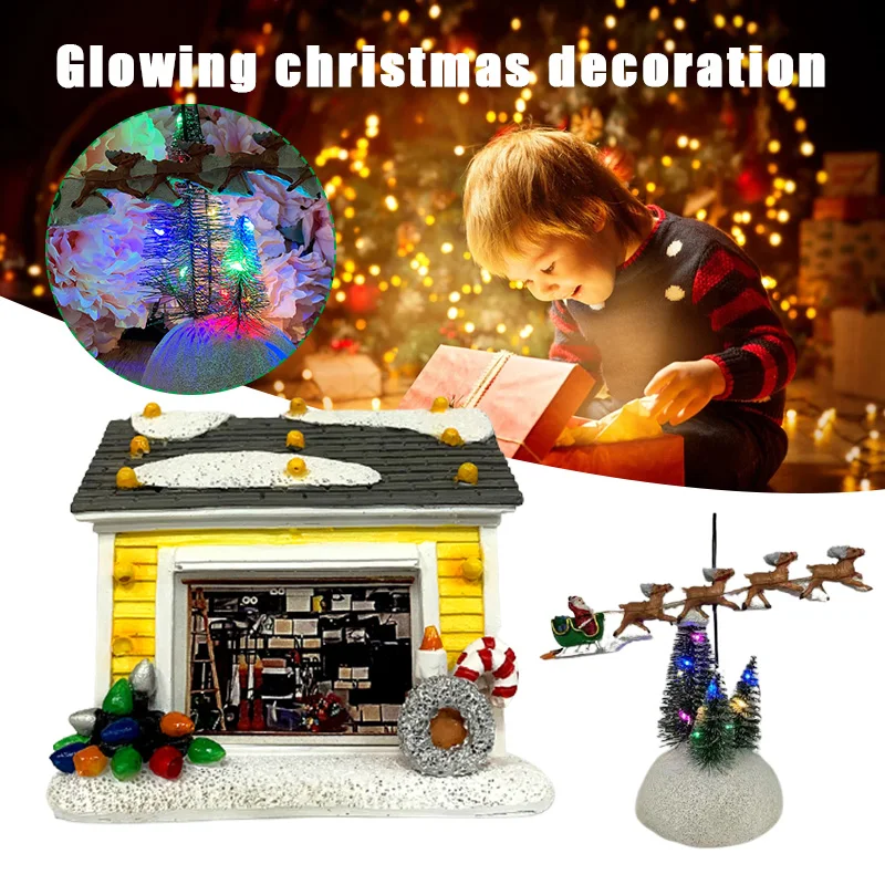 

2022 New Christmas Luminous Christmas Ornament Painted Resin House Reindeer Creative Desktop Decor for Home Living Room Bedroom