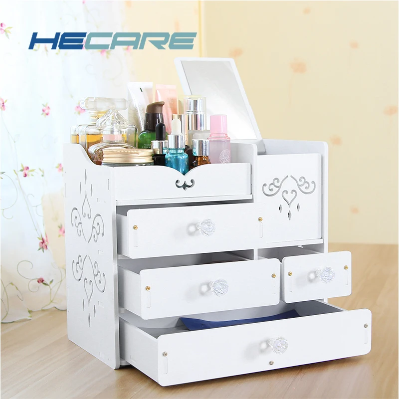 HECARE пластиковый ящик для хранения косметики белый и розовый с зеркалом большой