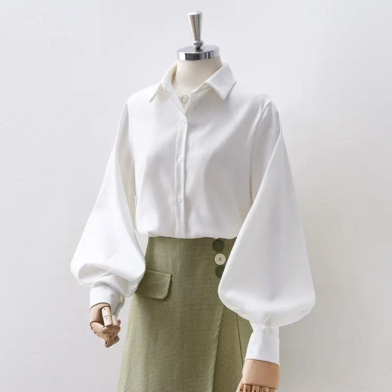 

HOUZHOU Vintage Lantern Sleeves Shirts Women Elegant White Womens Blouse with Lush Sleeves 2021 Fashion Button Up Black Shirt