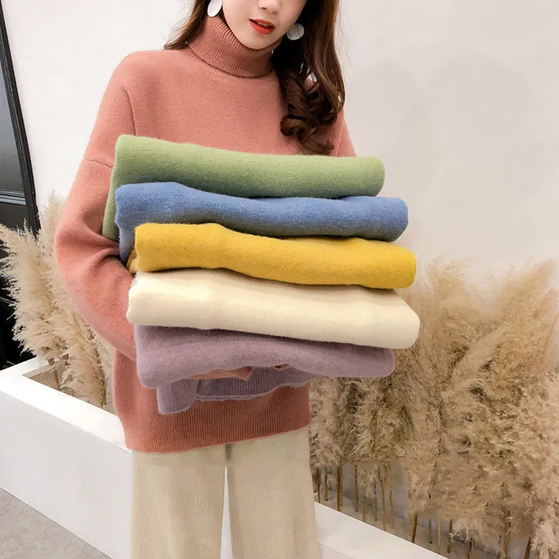 

2022 Women Basic Turtleneck Sweater Autumn Winter Women Knitted Pullovers Elegant Loose Casual Female Jumper Knitwear m735