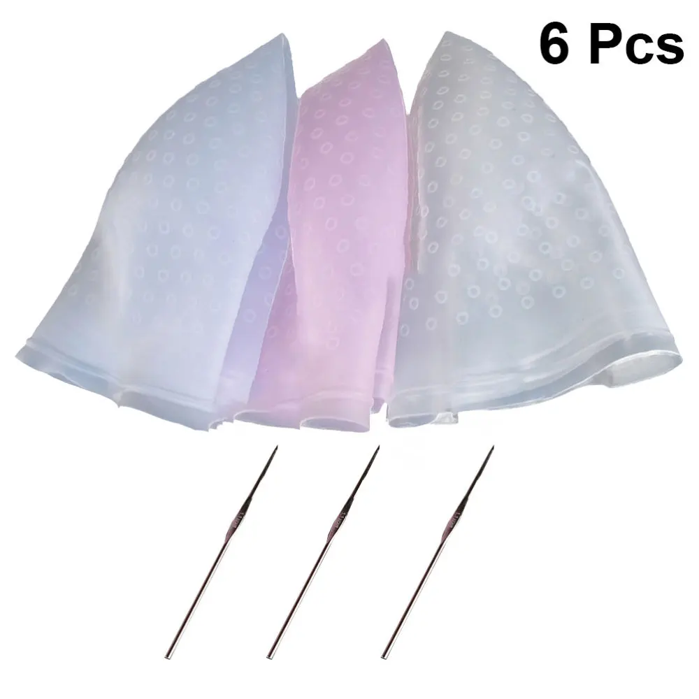 

1 Set/6 Pcs Professional Silicone Hair Dye Caps Elastic Highlight Hat Reusable Salon Hair Coloring Caps with Hooks (White, Blue,