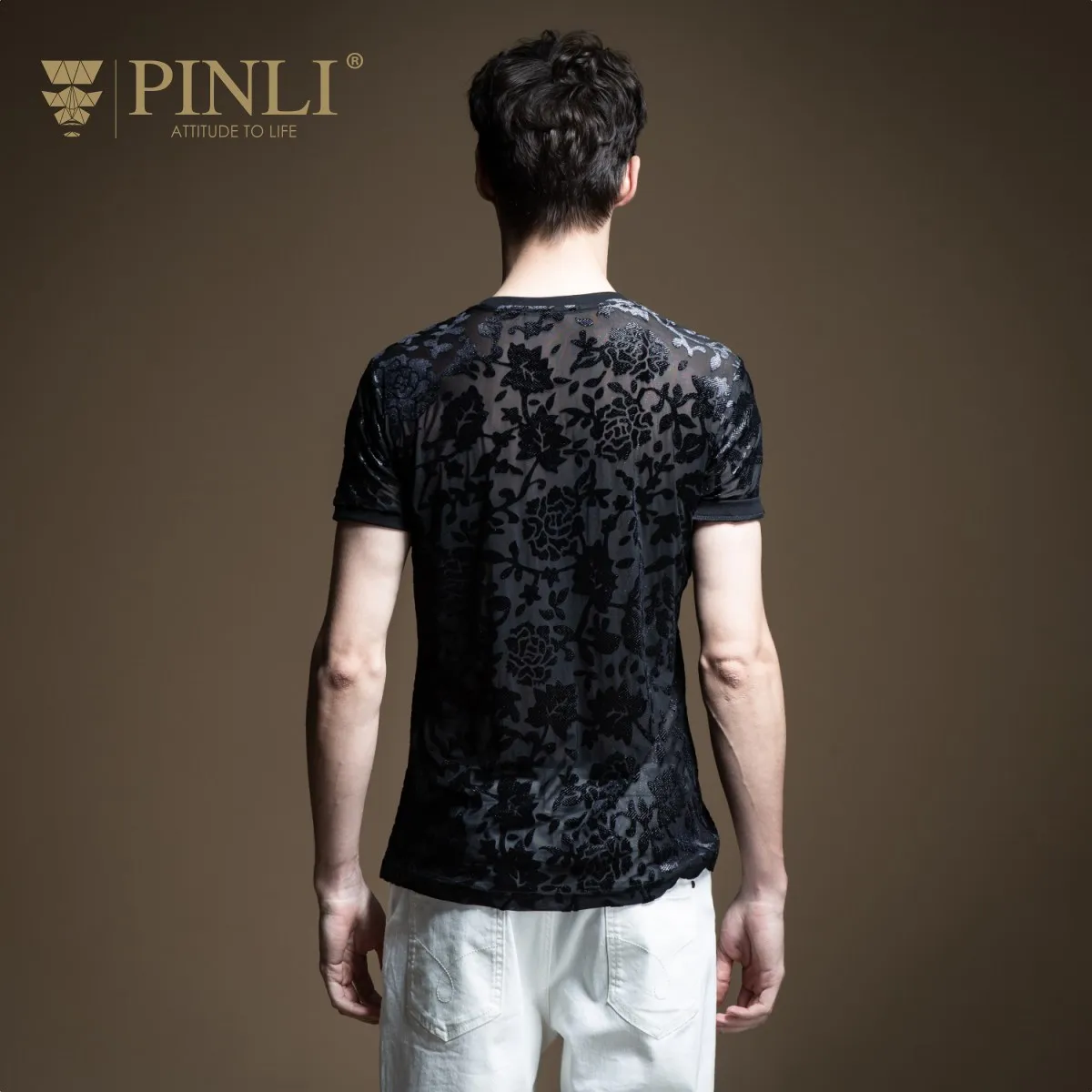 Pinli Мужская футболка с коротким рукавом и круглым вырезом тонкая сексуальная