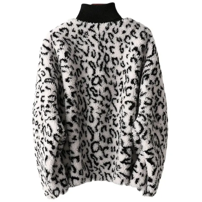 Abrigo de piel de lana para mujer, abrigo de piel de oveja corto a la moda, abrigos holgados de manga de murciélago, abrigo corto de leopardo para mujer 2021