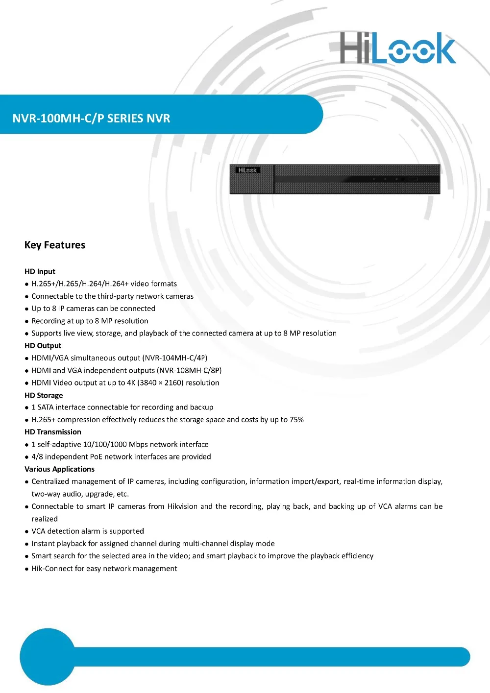 Hikvision-HiLook 4/8 CH PoE NVR H.265 4K 8MP HDMI/VGA ONVIF сетевой видеорегистратор ip-камера система видеонаблюдения NVR-104/108MH-C/4 P(8 P