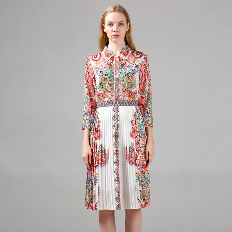 

Jacque Wolf brand restoring ancient ways palace style print dress new lapel 7 minutes sleeve medium long pleated dress