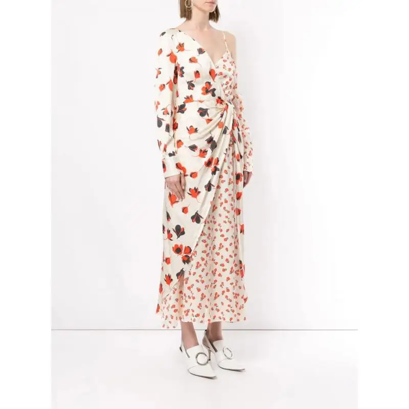 

2021 Summer Women's Asymmetric Satin Print Embroidered Long Dress
