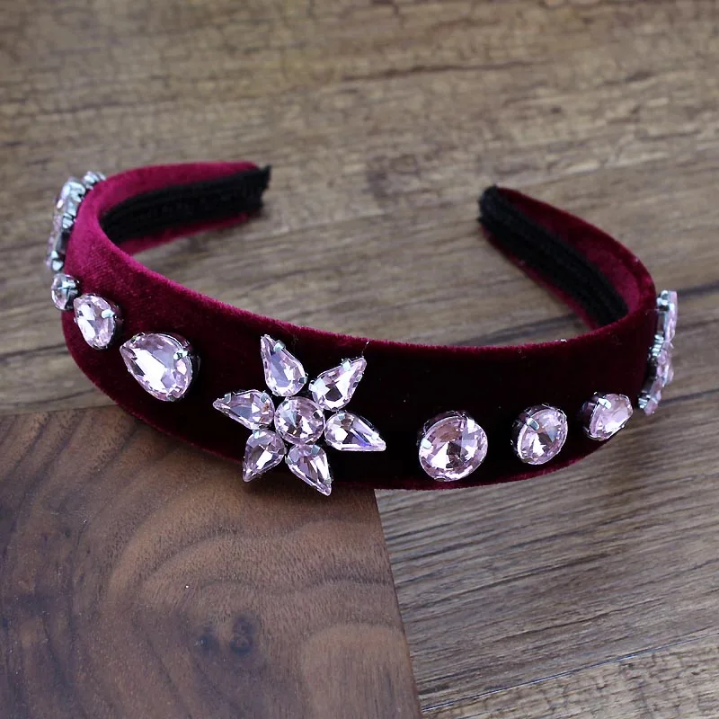 TPink Flower Velvet Европейские винтажные аксессуары для волос Роскошный Черный Фиолетовый кристалл барокко лента для волос Элегантные Стразы Бриллиантовая розовая Женская повязка на голову - Окраска металла: TPink Flower Velvet