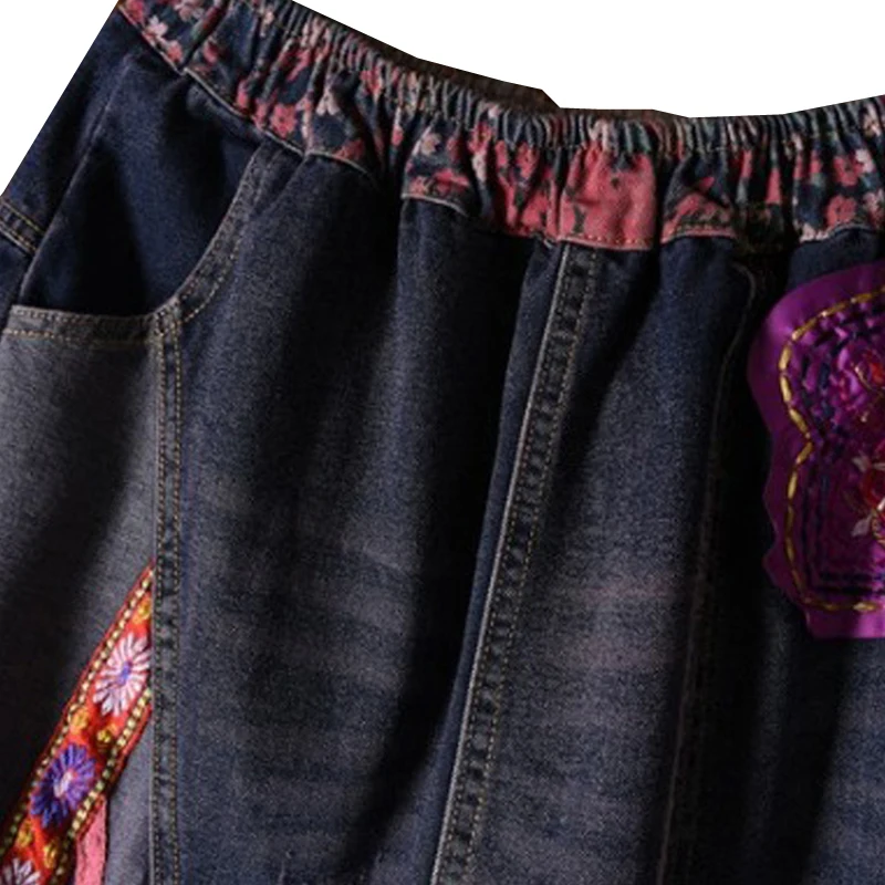 Женские юбки с аппликацией потертые свободные средней длины джинсовые хлопковые