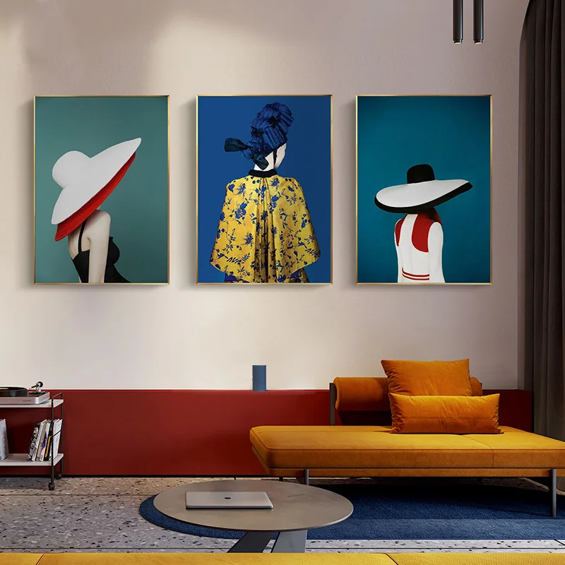 

Morden Fashion Figure Wear Hats Wall Art Canvas Painting Abstract Art Nordic Poster Blue Print for livingroom bedroom Home Decor