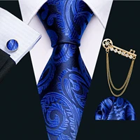 men tie paisley blue jacquard silk tie necktie handkerchief cufflinks brooch set wedding party new fashion barry wang fa 5275