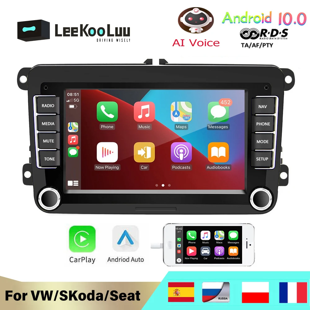 

Автомагнитола LeeKooLuu, 2 Din, Android, GPS-навигация, Apple Carplay, беспроводная, DAB, Bluetooth, для Volkswagen VW Passat b6 b7