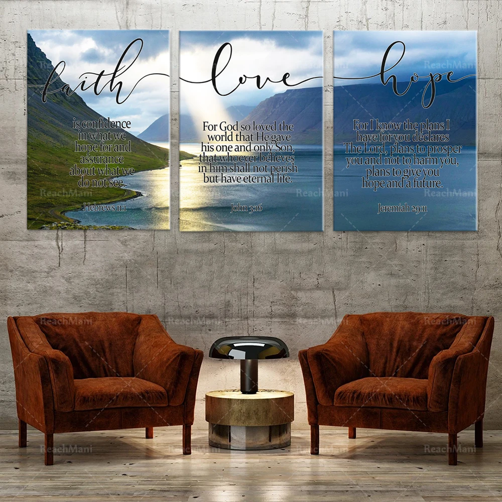 

Faith, Love, Hope, Hebrews 11-1, John 3 16, Jeremiah 29 11, Christian Bible Canvas Printed Poster Gift