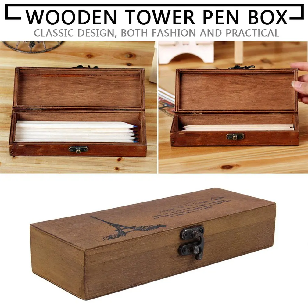 

2017 -selling New Retro Wood Wooden Eiffel Tower Pen Pencil Case Holder Stationery Box Storage