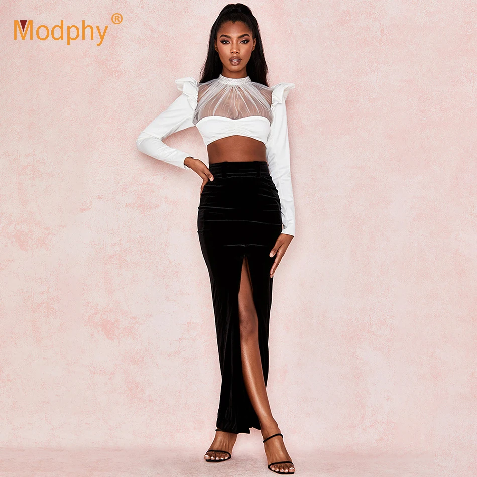 Новинка 2020 модный сексуальный женский комплект белый топ с длинными рукавами и
