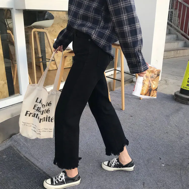 

Jeans women's loose new Korean ulzzang versatile high waist slim student BF wide leg straight leg Capris