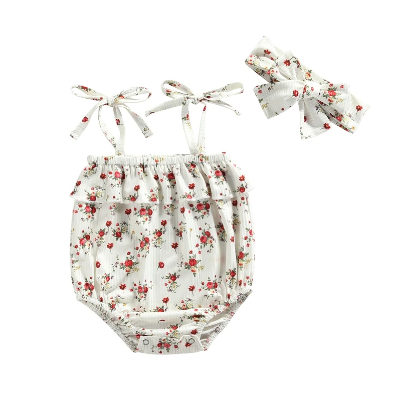 

Baby Romper with Hairband Kids Summer Flower Print Sleeveless Strappy Bodysuit+ Headband 0-24 Months