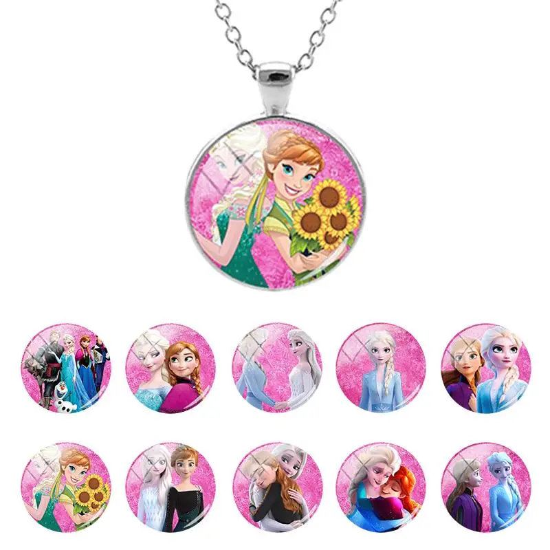 

Disney Frozen Cartoon Princess Elsa Anna Snow Glass Dome Pendant Long Chain Necklace for Girls Cabochon Jewelry Gifts SQ92-25