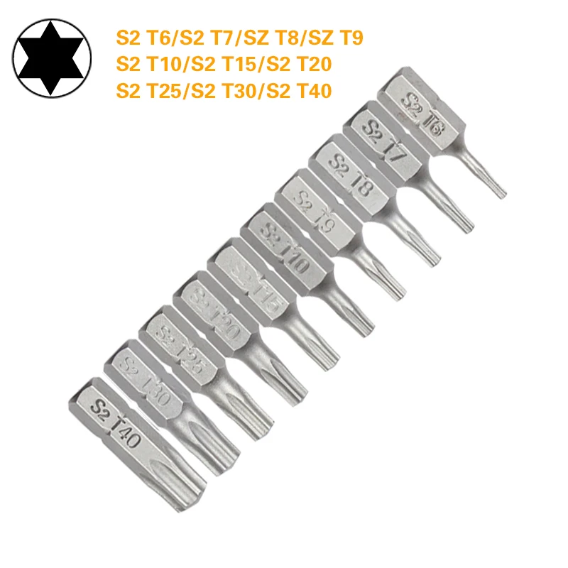 Набор бит для отвертки T6 T7 T8 T9 T10 T15 Torx 1 дюйм сталь S2 1/4 дюйма 6 35 мм шестигранный