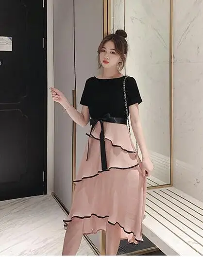 pink Для беременных летнее шифоновое Хлопковое платье для кормящих с коротким рукавом, плиссированное платье с асимметричными оборками, послеродовой женский халат для кормящих женщин - Цвет: pink