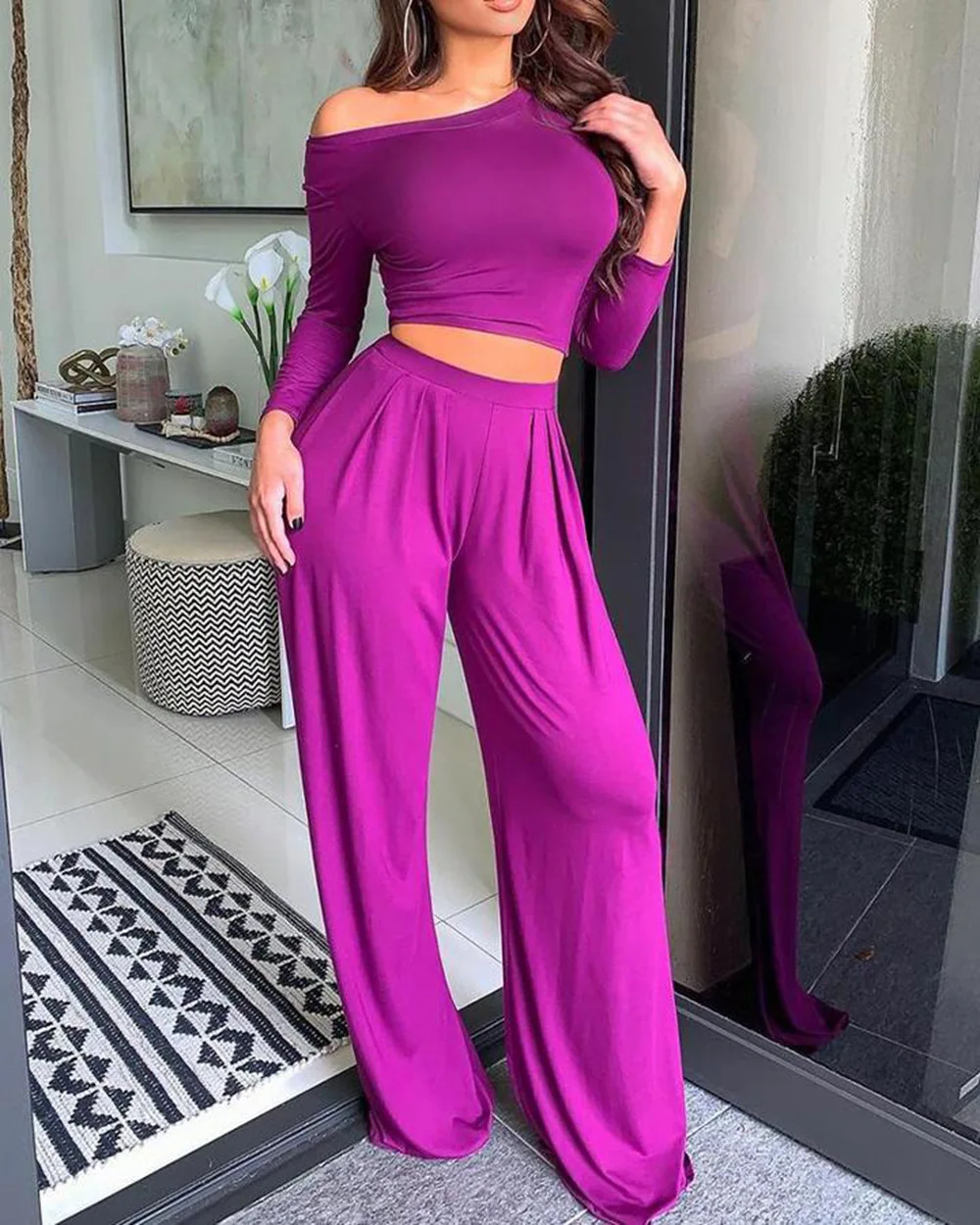 

Temperament Commuter Women Two Piece Casual Suits Solid Crop Top Shirt & Loose Pants Set Loungewear All Match Rose Red Pant Sets