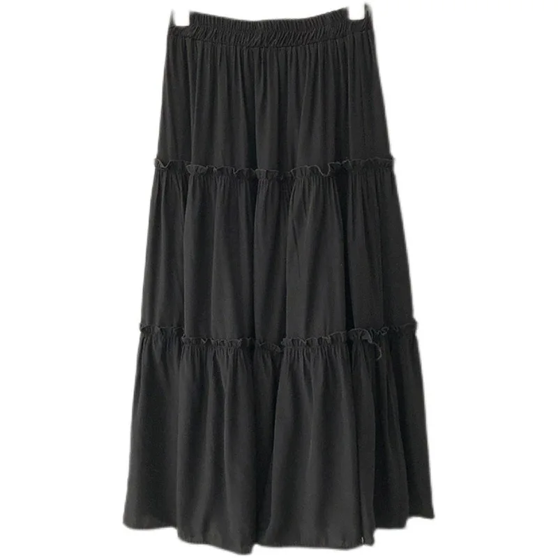 

TFETTERS High Waist Mid Skirt Women Black 2021 Summer New Korean Version Solid Color Wood Ear Stitching Long Skirt