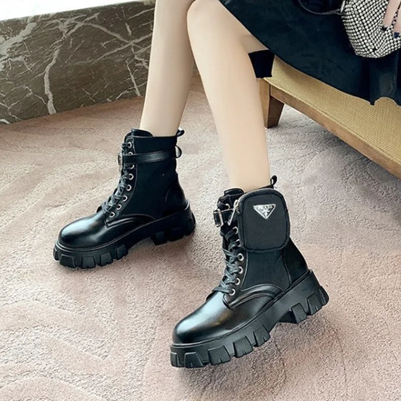 

Genuine Leather Women Boots Lace Up Low Heel Casual Ankle Boots Couples High-top Shoes Female Punk Double Breasted Short Boots