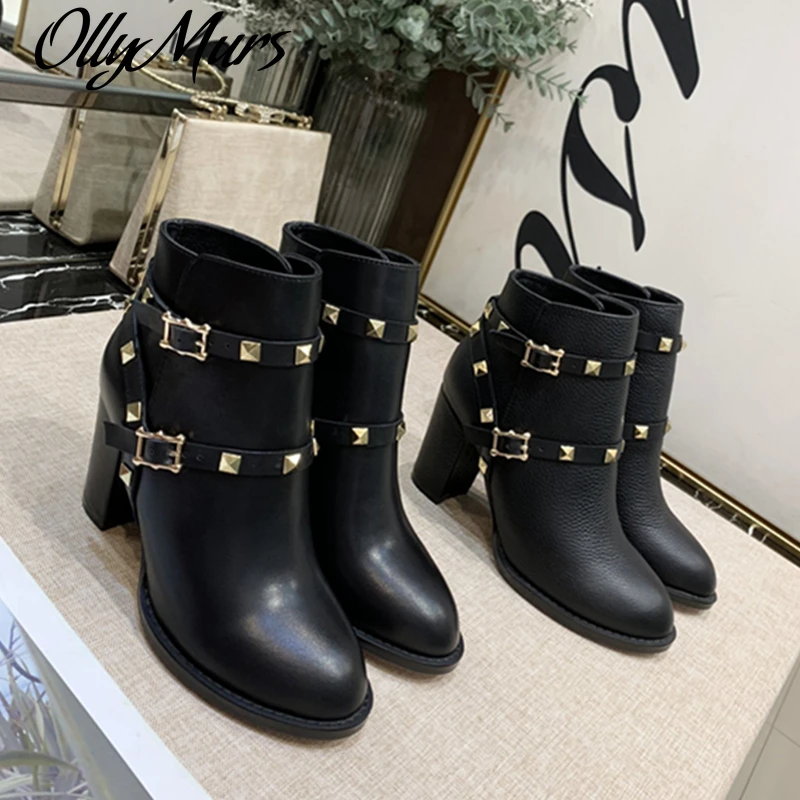 

Ollymurs Sharp Golden Rivets Ankle Boots Genuine Leather Chunky HIgh Heels Women Martin Boots Buckle Decor Autumn Winter Boot