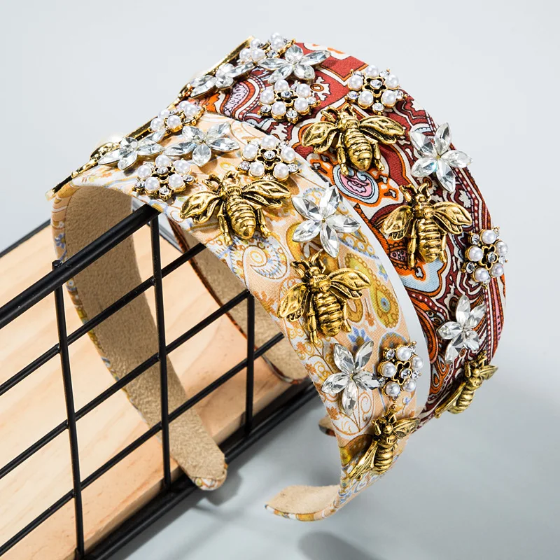 

Женская повязка на голову в стиле барокко Стразы, модель пчелы, жемчужный цветок, роскошный черный ободок для волос, оптом