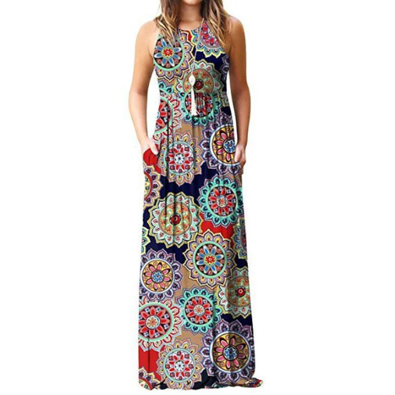 Женское длинное платье без рукавов повседневный пляжный сарафан в богемном
