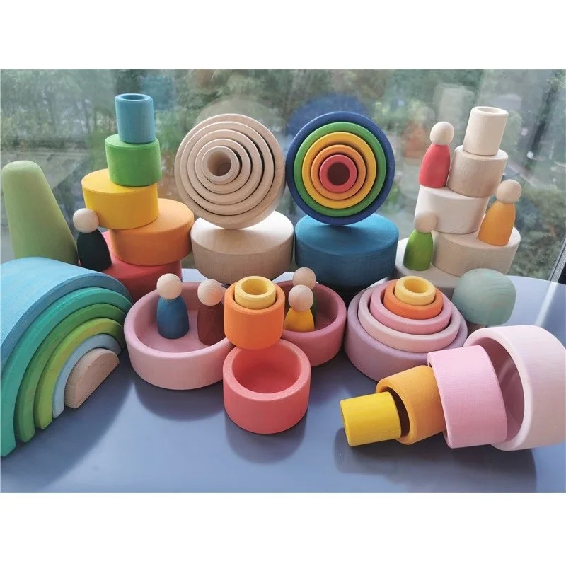 baby montessori wooden toys rainbow nesting bowls unpaint nature wood stackable arch colorful forest trees free global shipping
