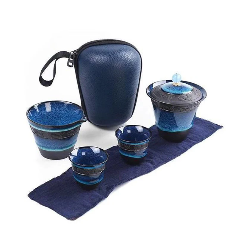 Чайный набор керамический синий глазурь gaiwan чайный кунг-фу 1 с 2 чайными чашками и