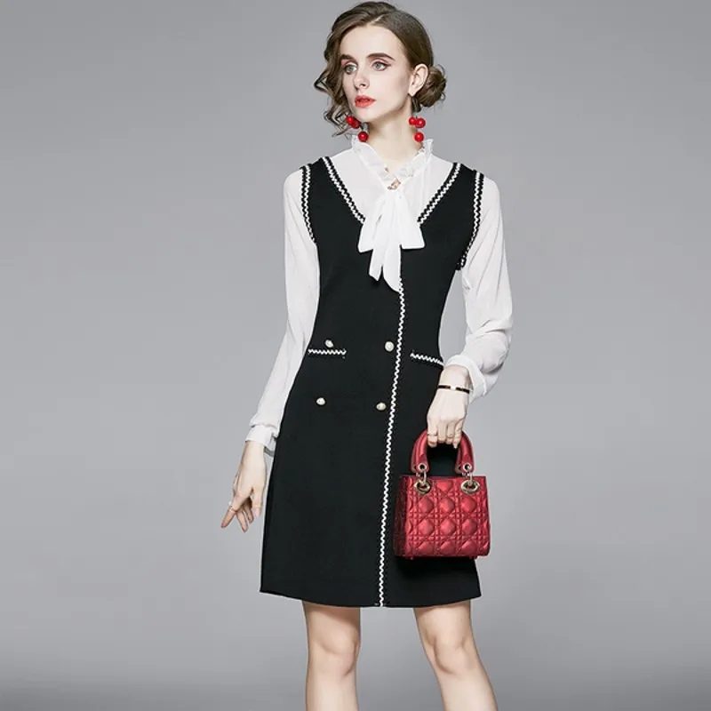 

2021 autumn winter French retro long sleeve stitching fake two-piece v collar knitted sweater dresses