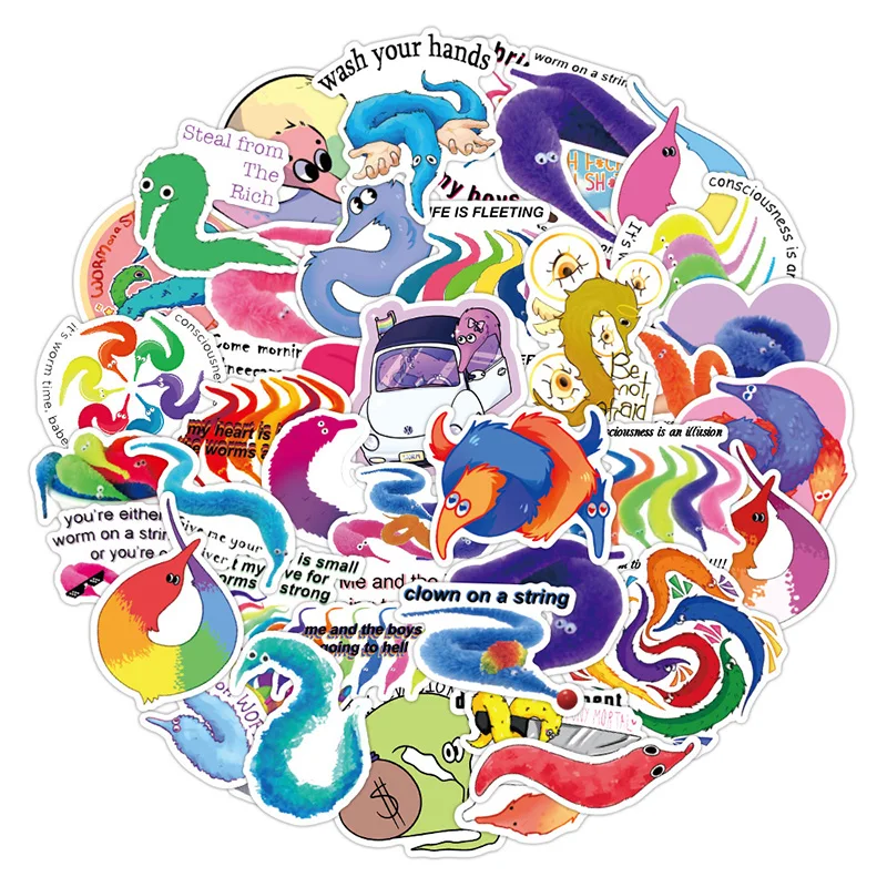 50pcs/set Magic Worm On A String Meme Stickers Cartoon For Skateboard Suitcase Laptop Luggage Guitar Car |