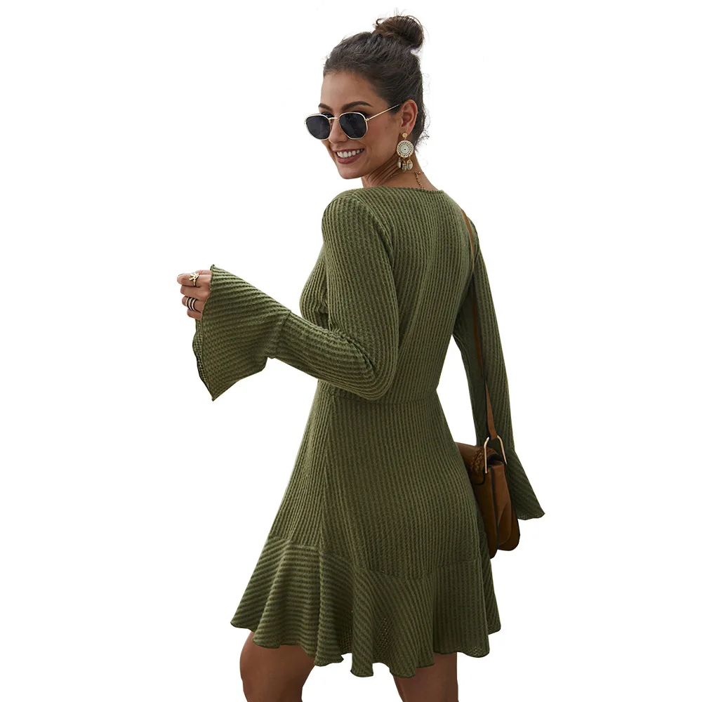 

Spring Sexy V Neck Knitted Ruffle Dress Women Autumn Long Sleeve Elegant Dress Slim Ladies Ribbed Knitwear