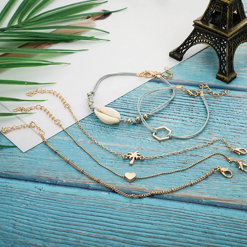 5 шт., Boho, Женская Геометрическая ракушка, кокосовый кулон в виде дерева, браслеты, набор для женщин, девочек, многослойные веревки, подарочные браслеты и ювелирные изделия
